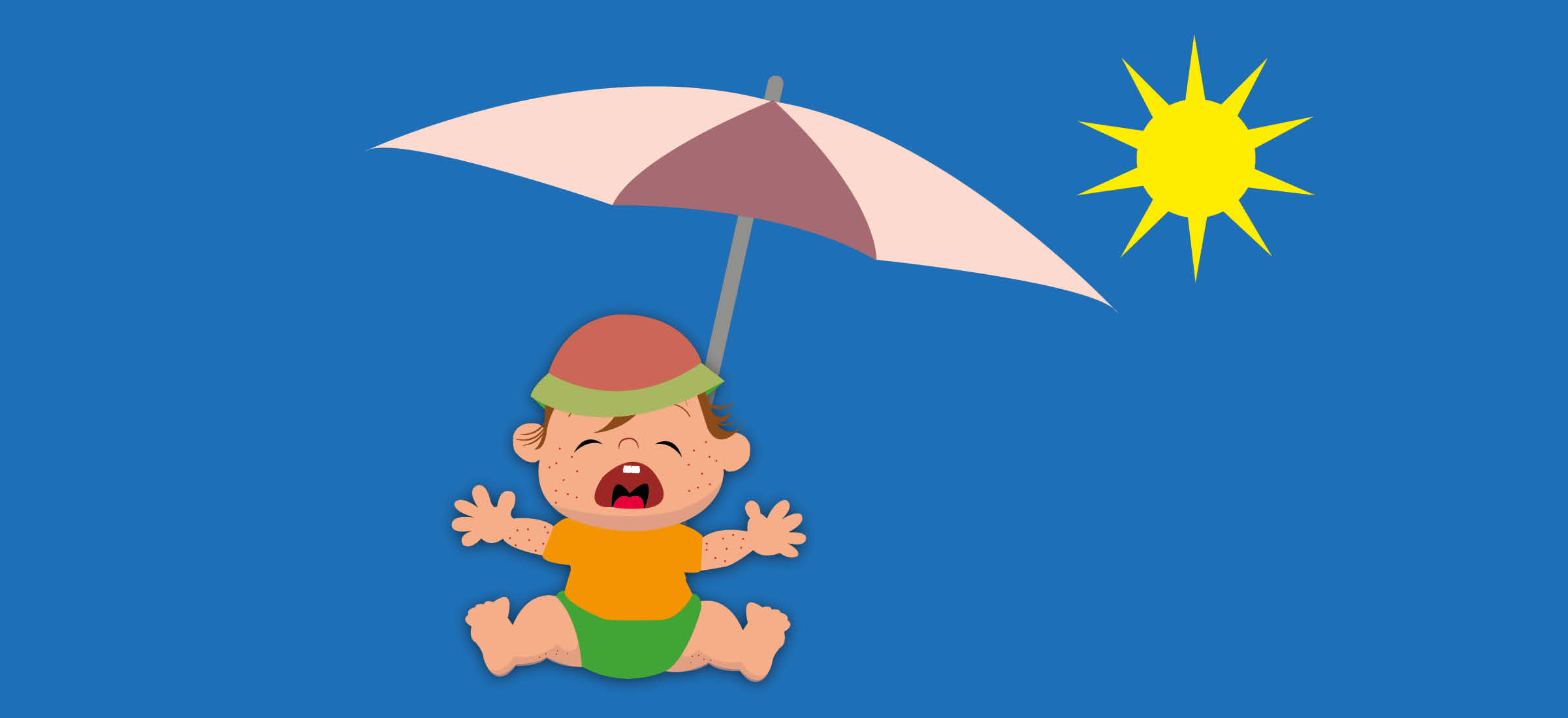 Ein weinendes Baby mit Hitzepickeln unter einem Sonnenschirm