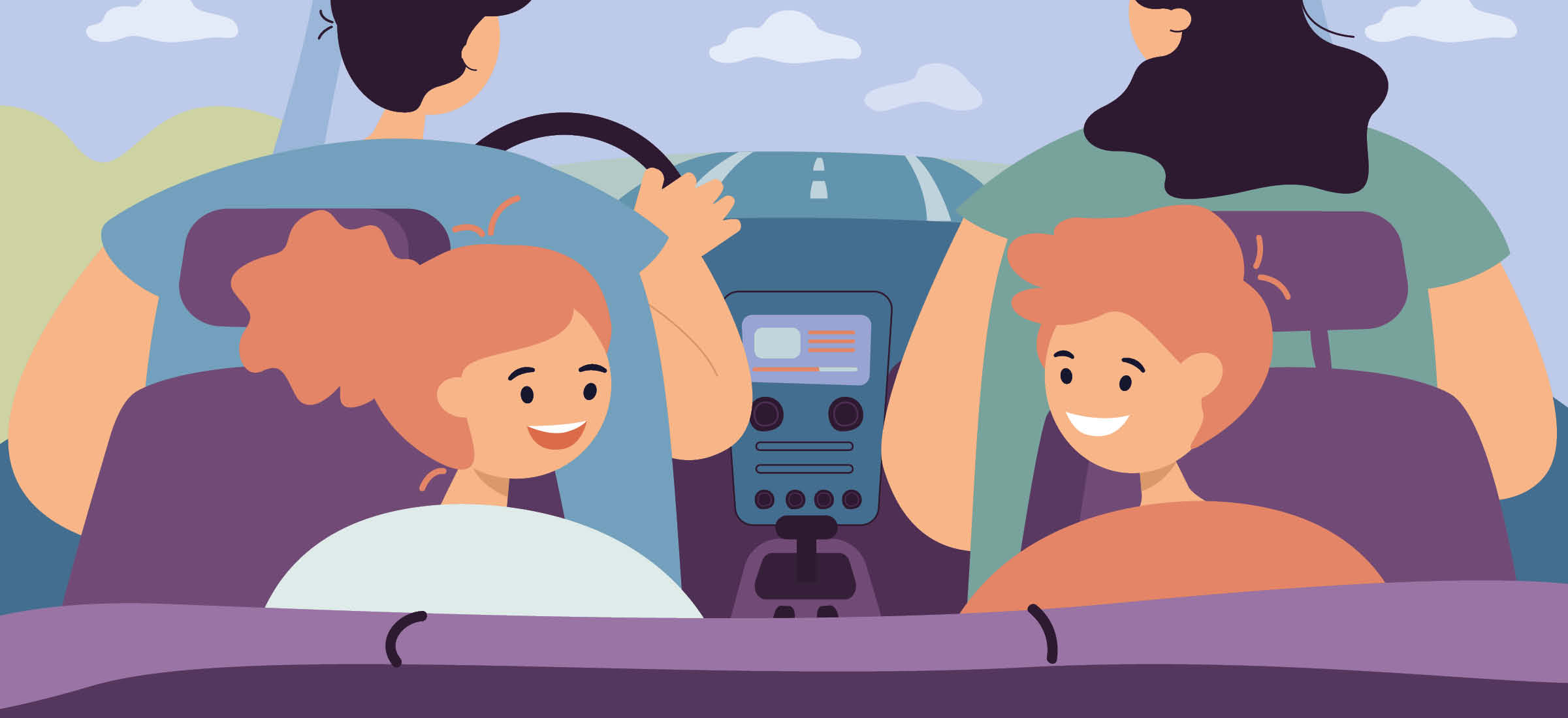 Zwei Kinder sitzen mit ihren Eltern im Auto