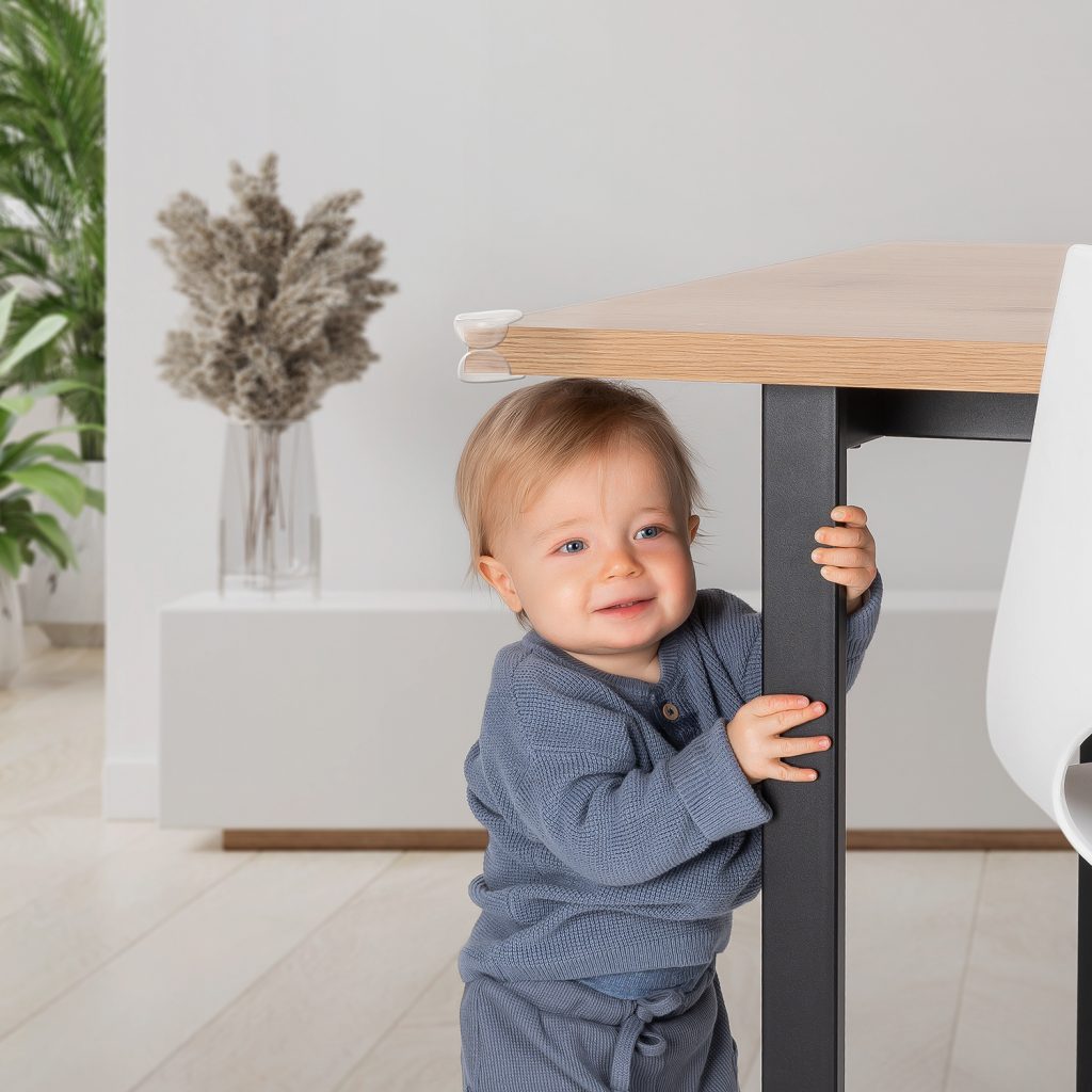 Kind hält sich am Tischbein fest. Tischecke ist mit einem Eckenschutz geschützt.