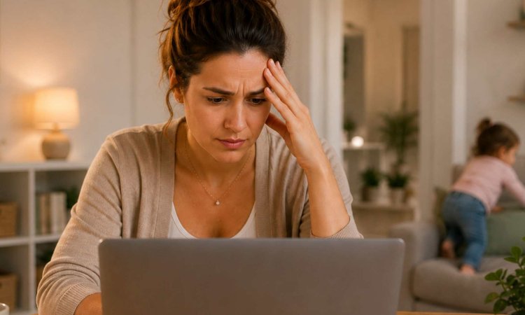 Mutter sitzt vor dem Laptop und sucht nach Sicherheitsprodukten, wirkt dabei aber sichtlich überfordert. Im Hintergrund klettert ein Kleinkind auf ein Sofa.
