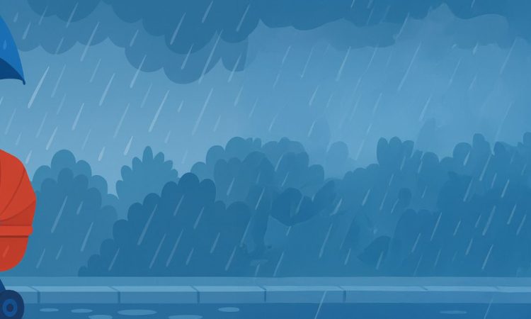Mama mit Regenschirm unterwegs mit Baby