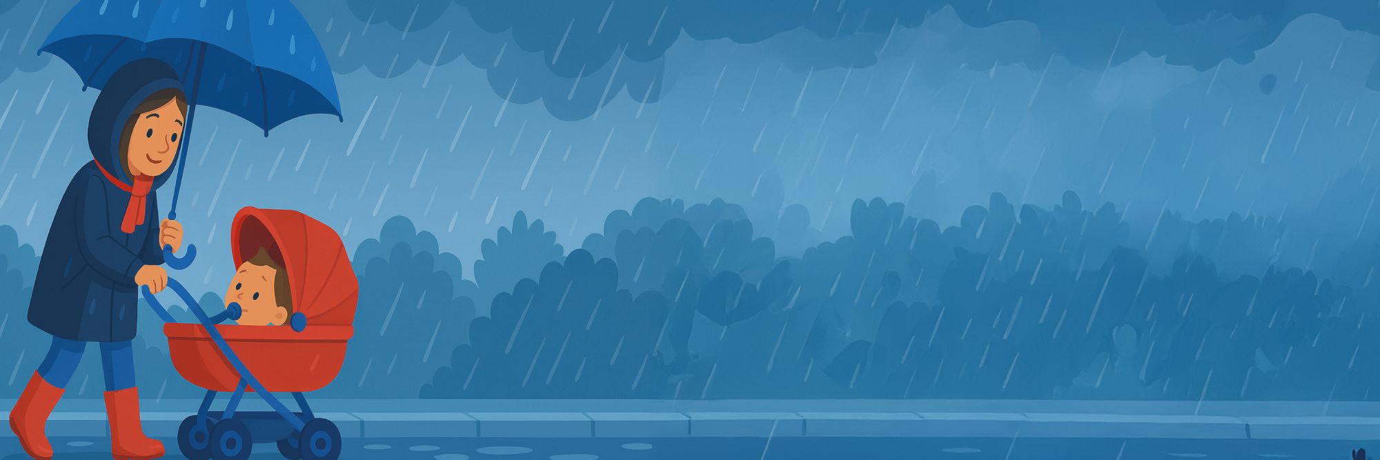 Mama mit Regenschirm unterwegs mit Baby