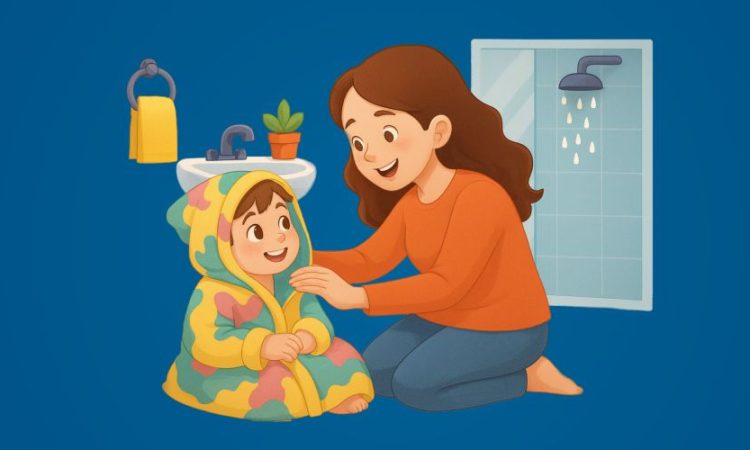 Mama wickelt ihr Kind nach dem Bad in ein Handtuch ein.