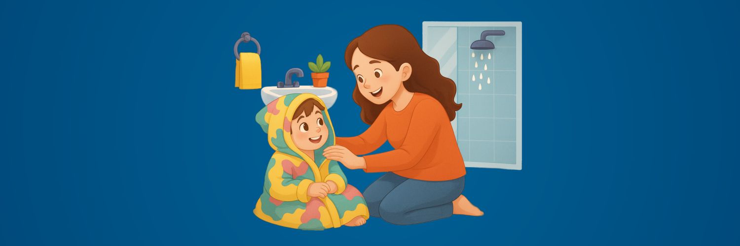 Mama wickelt ihr Kind nach dem Bad in ein Handtuch ein.