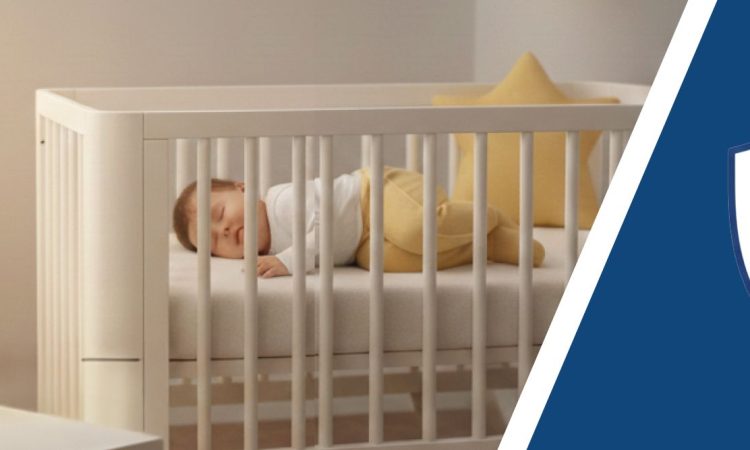 Eine BabyCam steht auf einem Beistelltisch, dahinter ein kleines Baby im Babybett.
