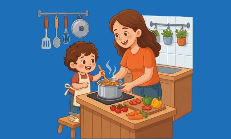 Mama kocht mit Kind.