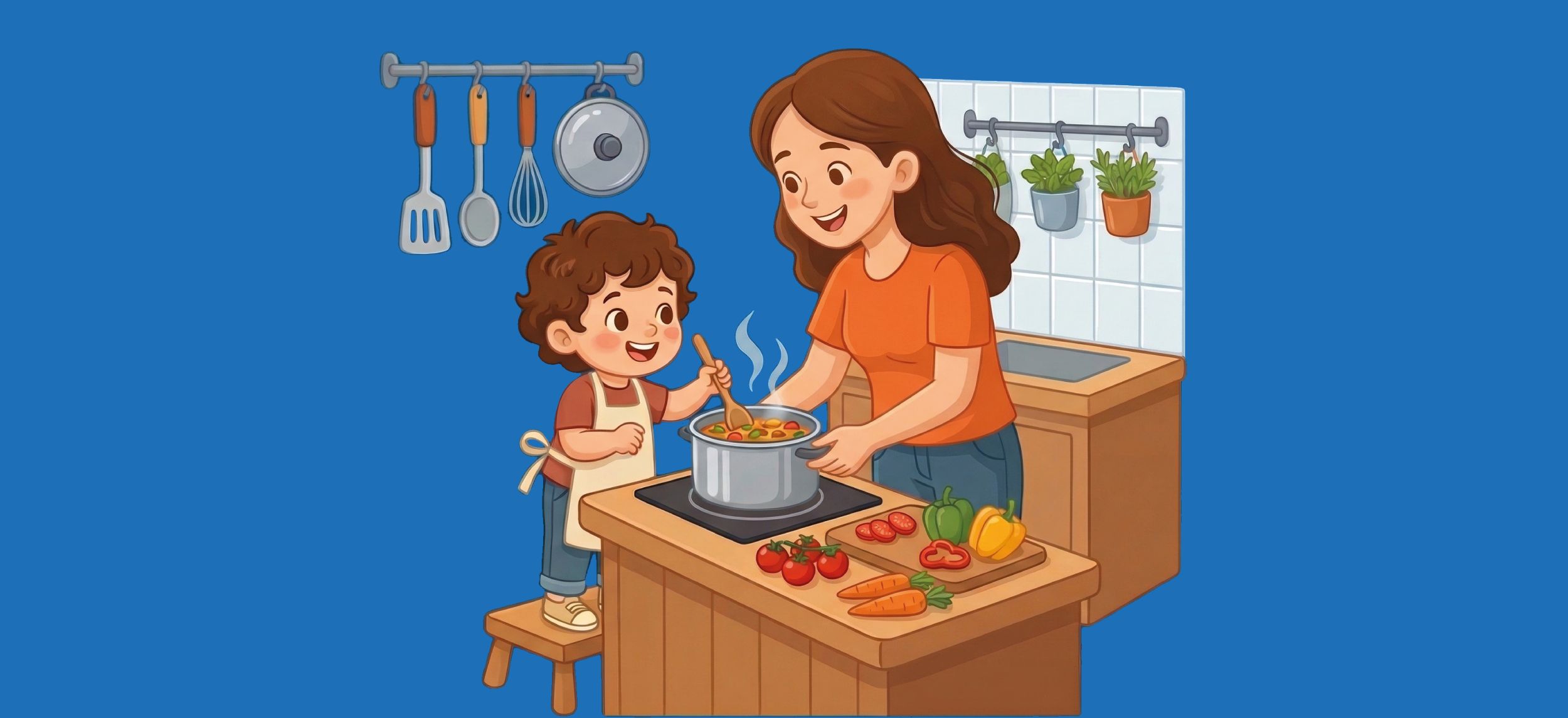 Mama kocht mit Kind.