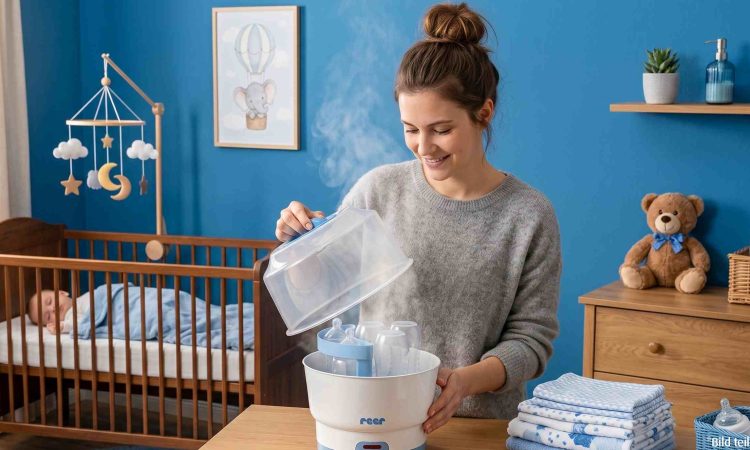 Eine Mutter desinfiziert Flaschen mit dem reer Vapomat, während im Hintergrund ein Baby schläft.