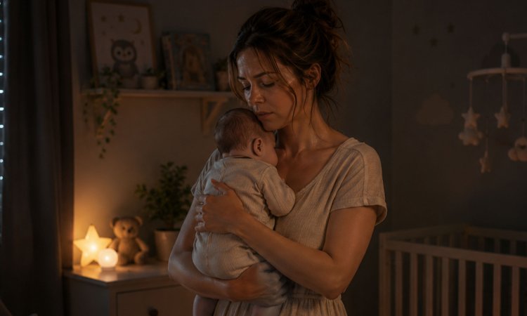 Eine Frau hält ein Baby liebevoll im Arm in einem gedämpft beleuchteten Kinderzimmer