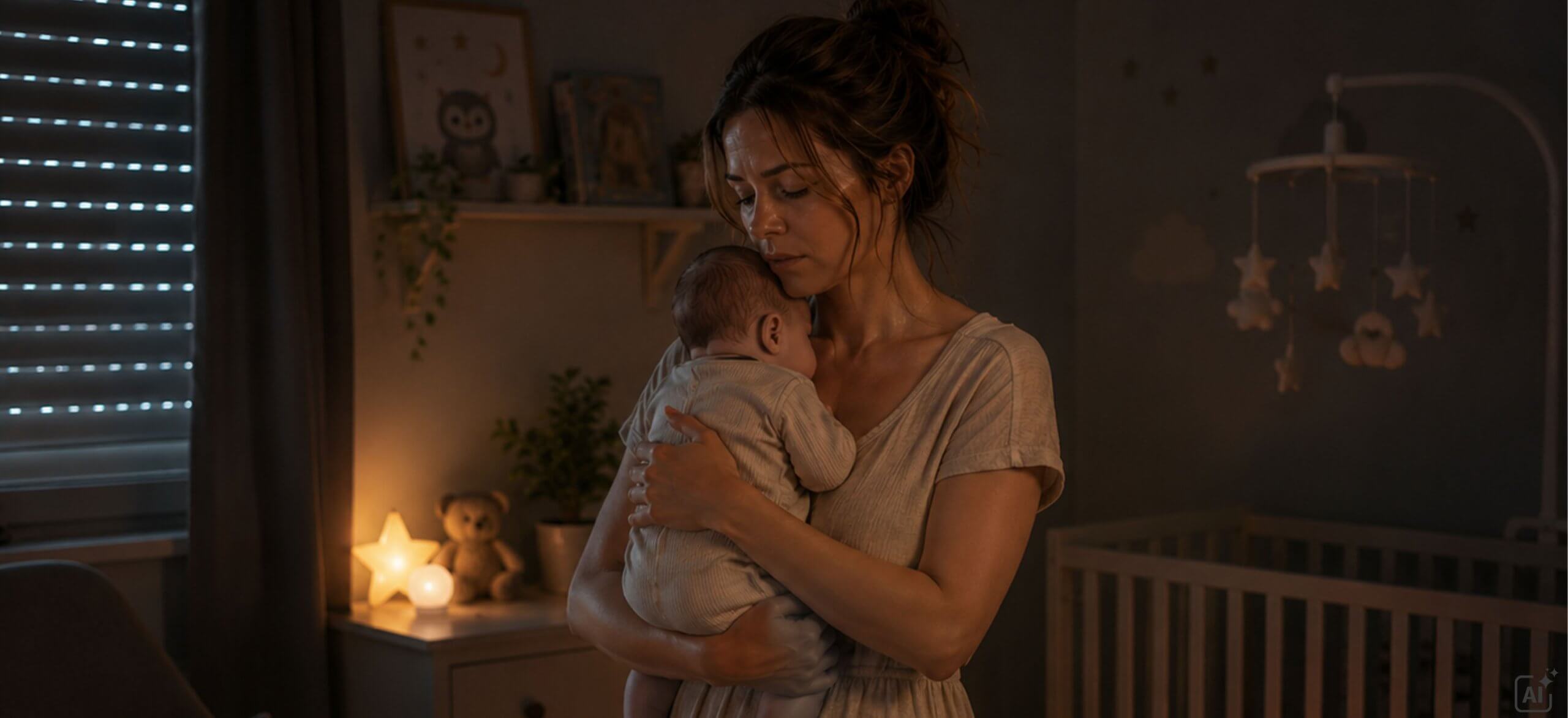 Eine Frau hält ein Baby liebevoll im Arm in einem gedämpft beleuchteten Kinderzimmer