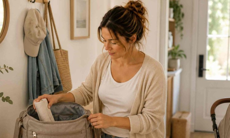 Mutter packt an einem Tisch wichtige Babyutensilien wie Windeln, Feuchttücher und Fläschchen in eine geöffnete Wickeltasche.