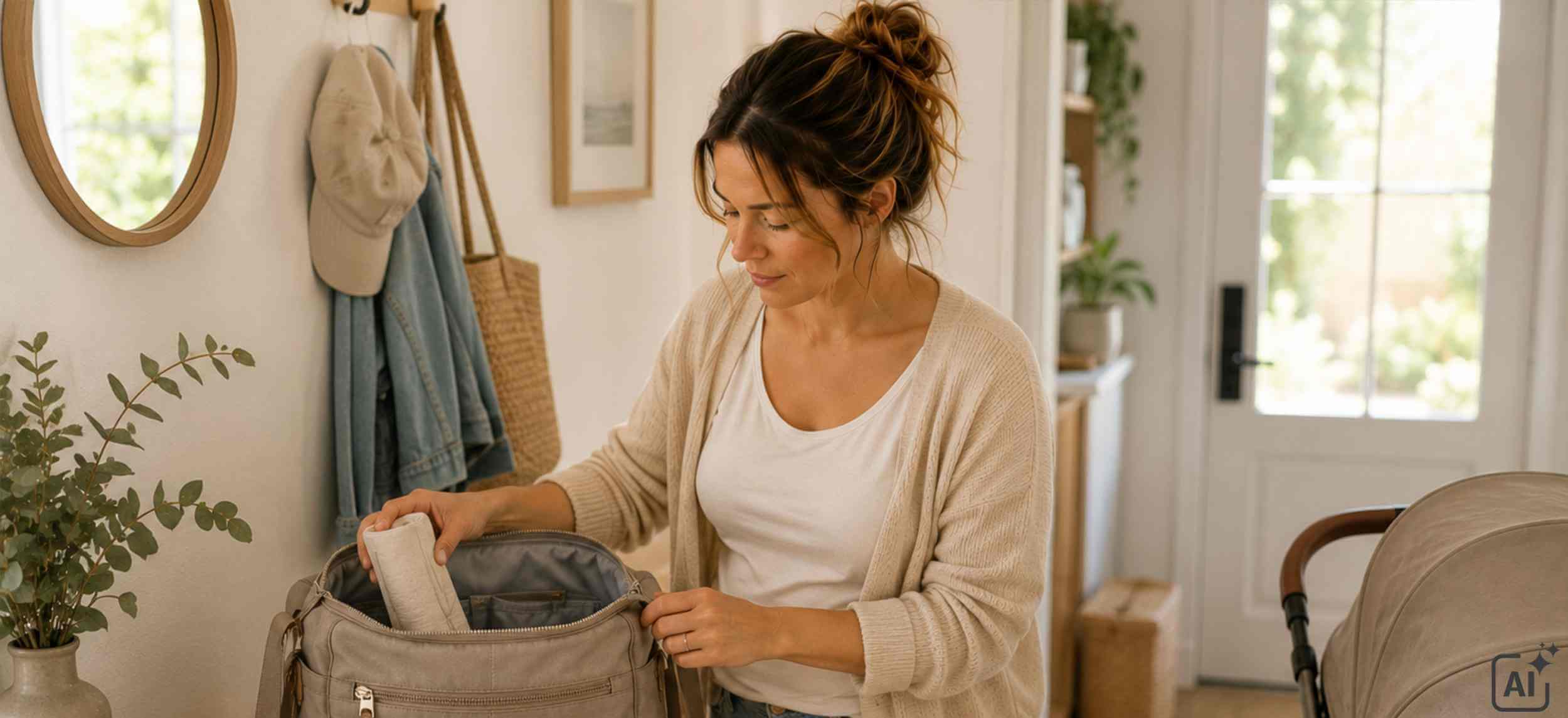 Mutter packt an einem Tisch wichtige Babyutensilien wie Windeln, Feuchttücher und Fläschchen in eine geöffnete Wickeltasche.