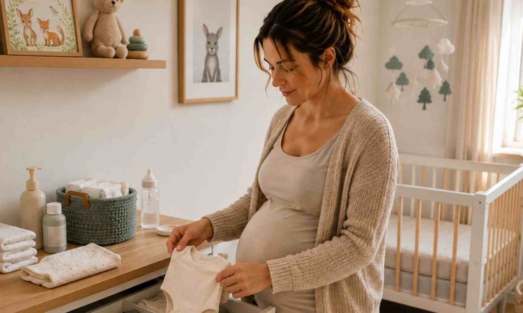 Schwangere Frau steht in einem eingerichteten Babyzimmer zwischen Kinderbett, Wickelkommode und verschiedenen Dingen für die Baby-Erstausstattung.