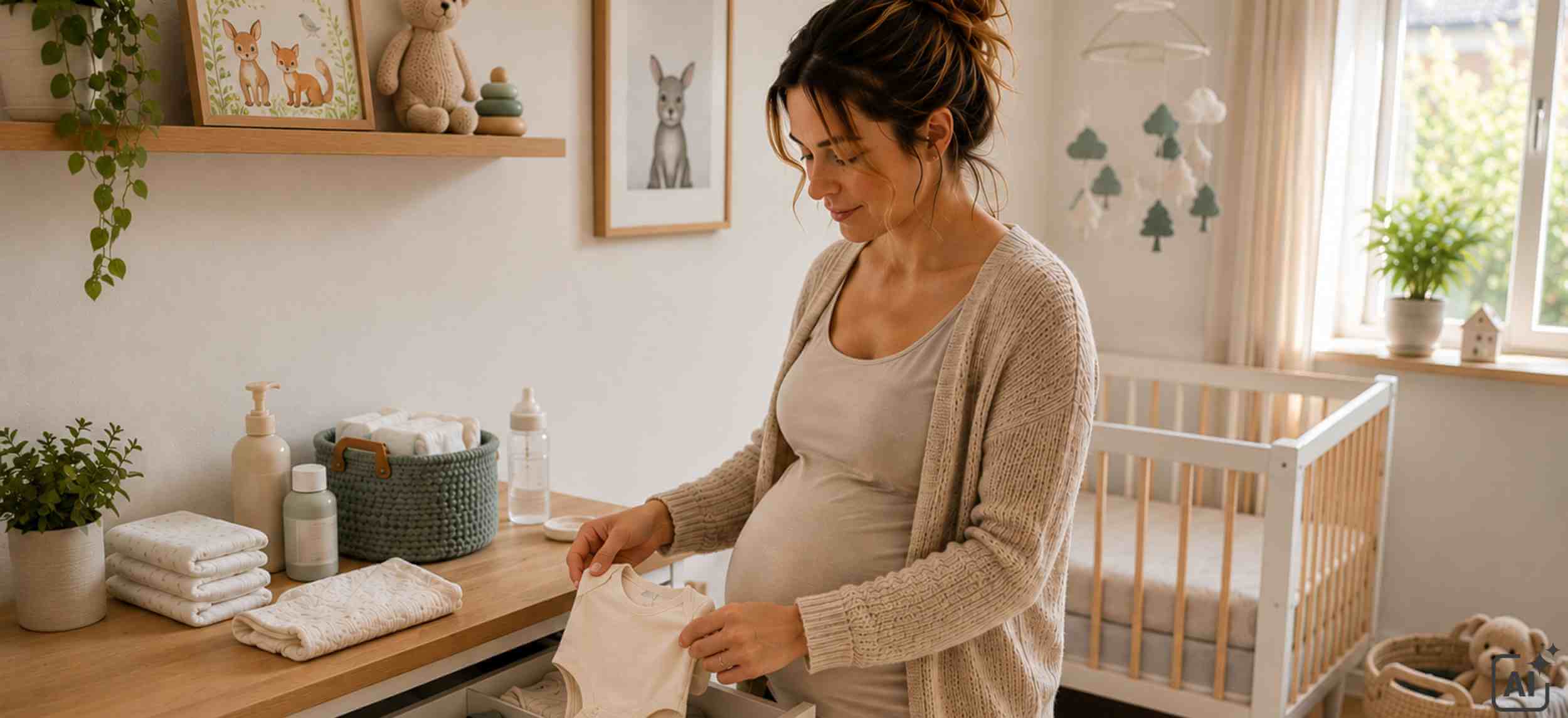 Schwangere Frau steht in einem eingerichteten Babyzimmer zwischen Kinderbett, Wickelkommode und verschiedenen Dingen für die Baby-Erstausstattung.