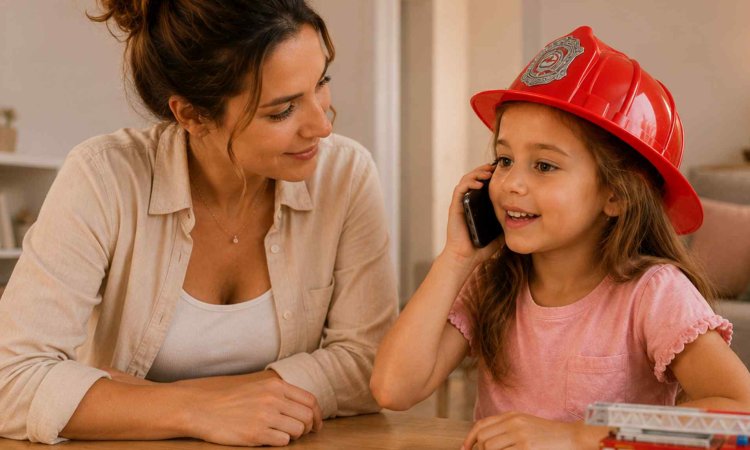 Mutter übt mit ihrer Tochter spielerisch das richtige Verhalten im Notfall, während das Kind mit Feuerwehrhelm ein Smartphone ans Ohr hält und ein Spielzeug-Feuerwehrauto vor ihnen steht.