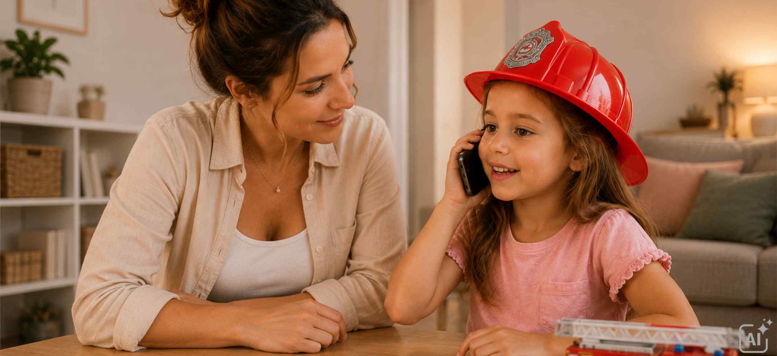 Mutter übt mit ihrer Tochter spielerisch das richtige Verhalten im Notfall, während das Kind mit Feuerwehrhelm ein Smartphone ans Ohr hält und ein Spielzeug-Feuerwehrauto vor ihnen steht.