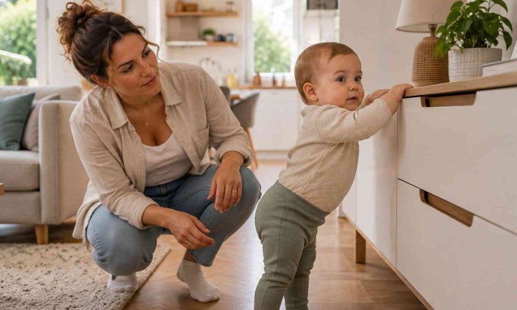 Mutter beobachtet ihr Kind beim Erkunden der Wohnung und achtet genau auf mögliche Gefahrenstellen.