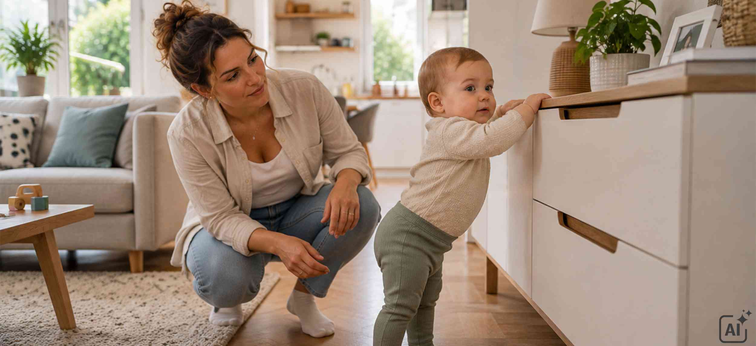 Mutter beobachtet ihr Kind beim Erkunden der Wohnung und achtet genau auf mögliche Gefahrenstellen.