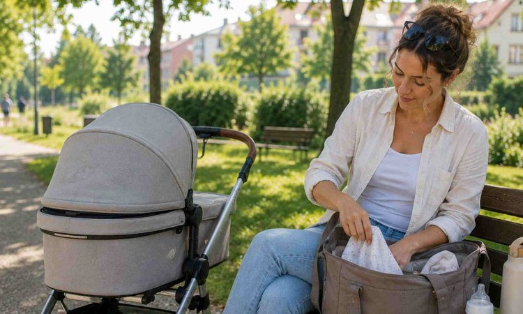 Mutter holt während eines Parkausflugs wichtige Utensilien aus einer vorgepackten Tasche, während sie auf einer Bank sitzt.