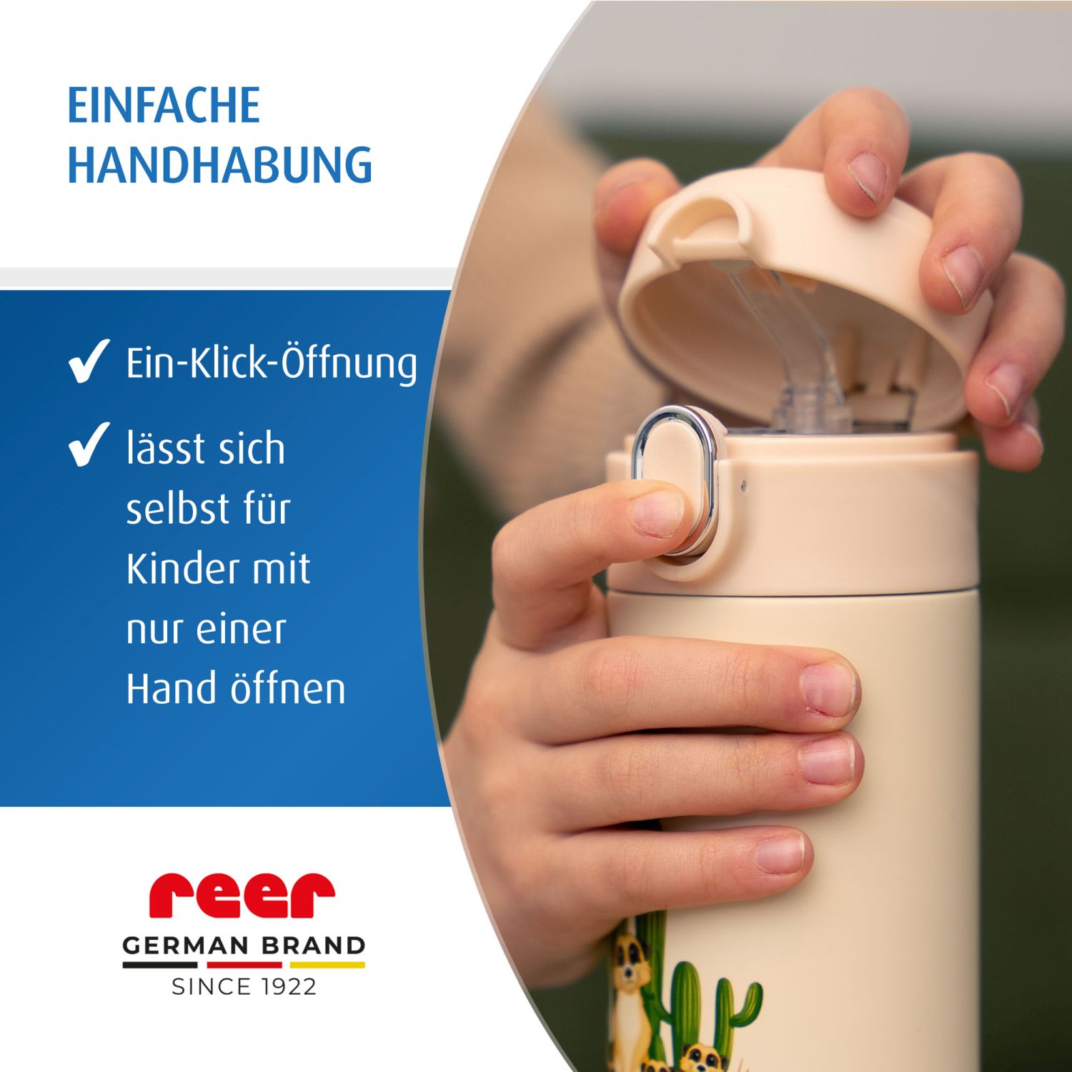 Kind öffnet die Trinkflasche per Knopfdruck