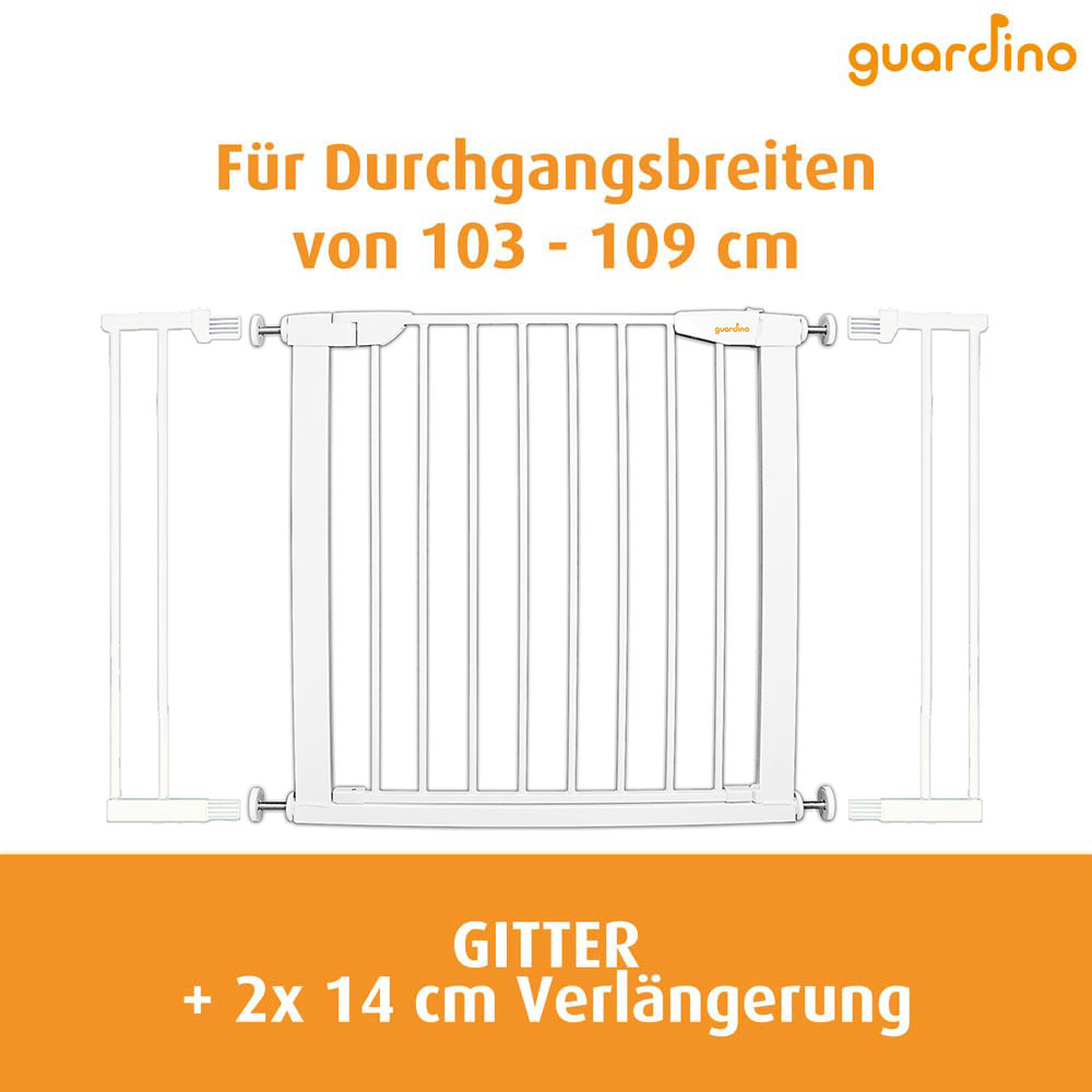 Guardino Türschutzgitter mit 2x 14 cm Verlängerung, 103-109 cm, Treppenschutzgitter ohne Bohren