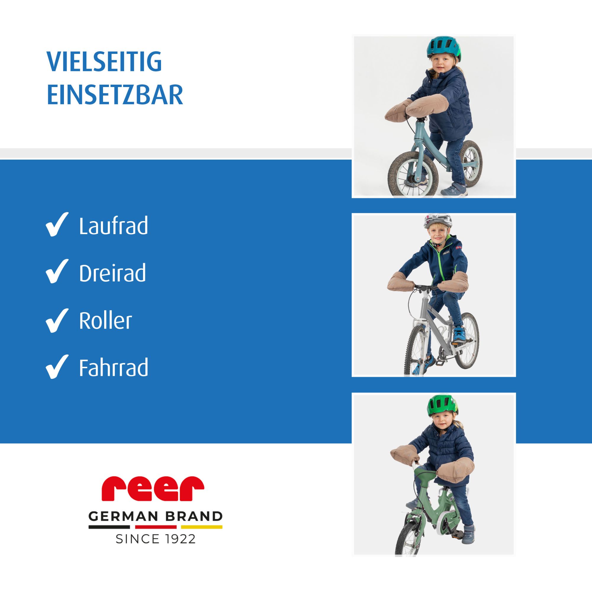Kinder mit Lenkerstulpen auf Fahrrad und Roller