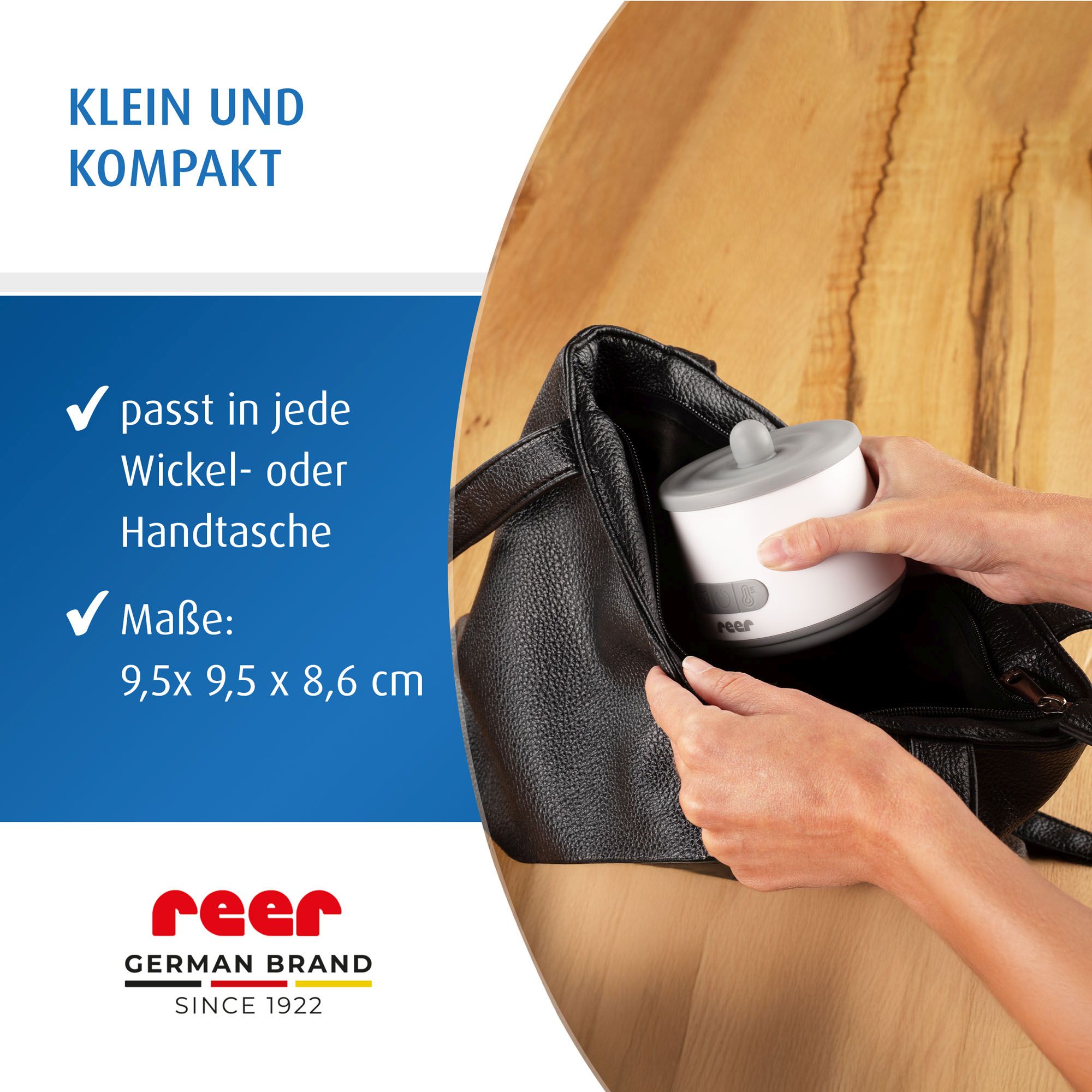 Eine Person packt den Heat2Go in ihre Wickeltasche.