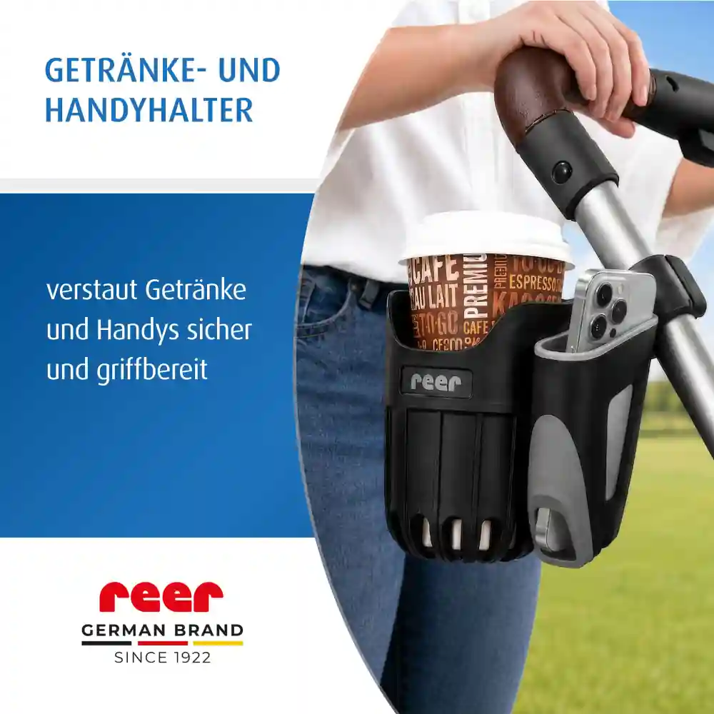 Produkt am Kinderwagen mit Smartphone und Kaffee