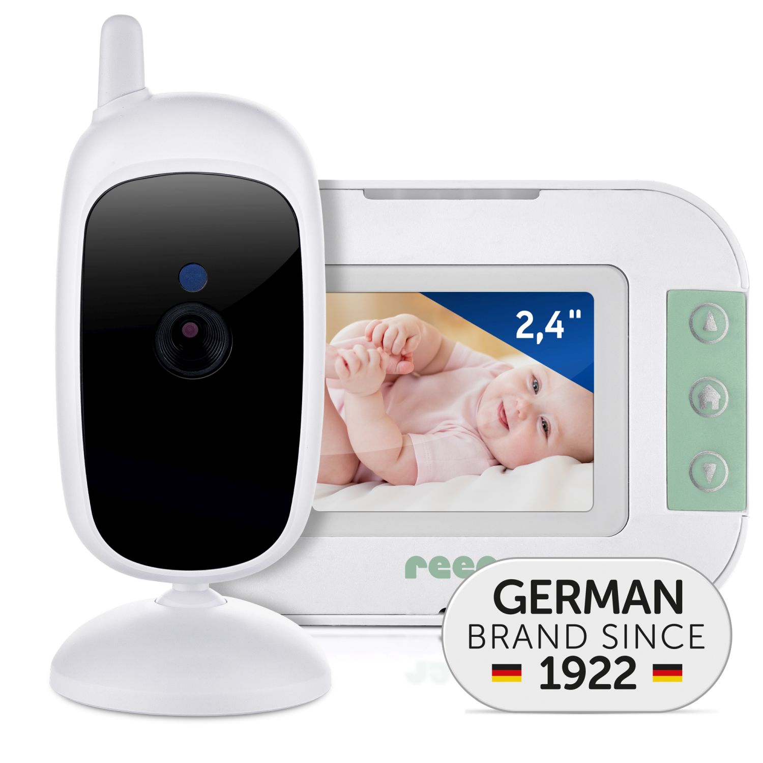 BabyCam S vor weißem Hintergrund mit german Brand Logo