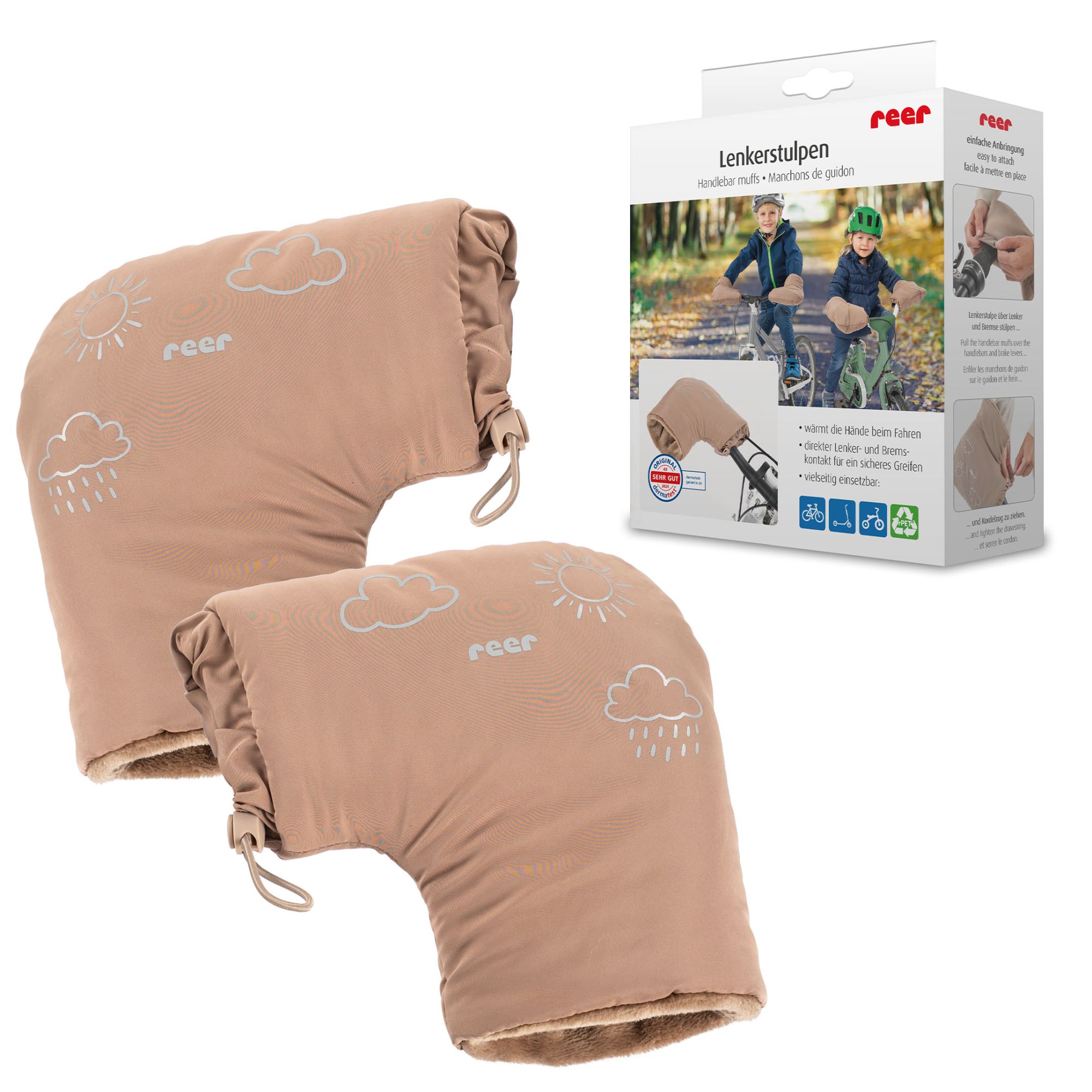 Lenkerstulpen mit Verpackung vor weißem Hintergrund