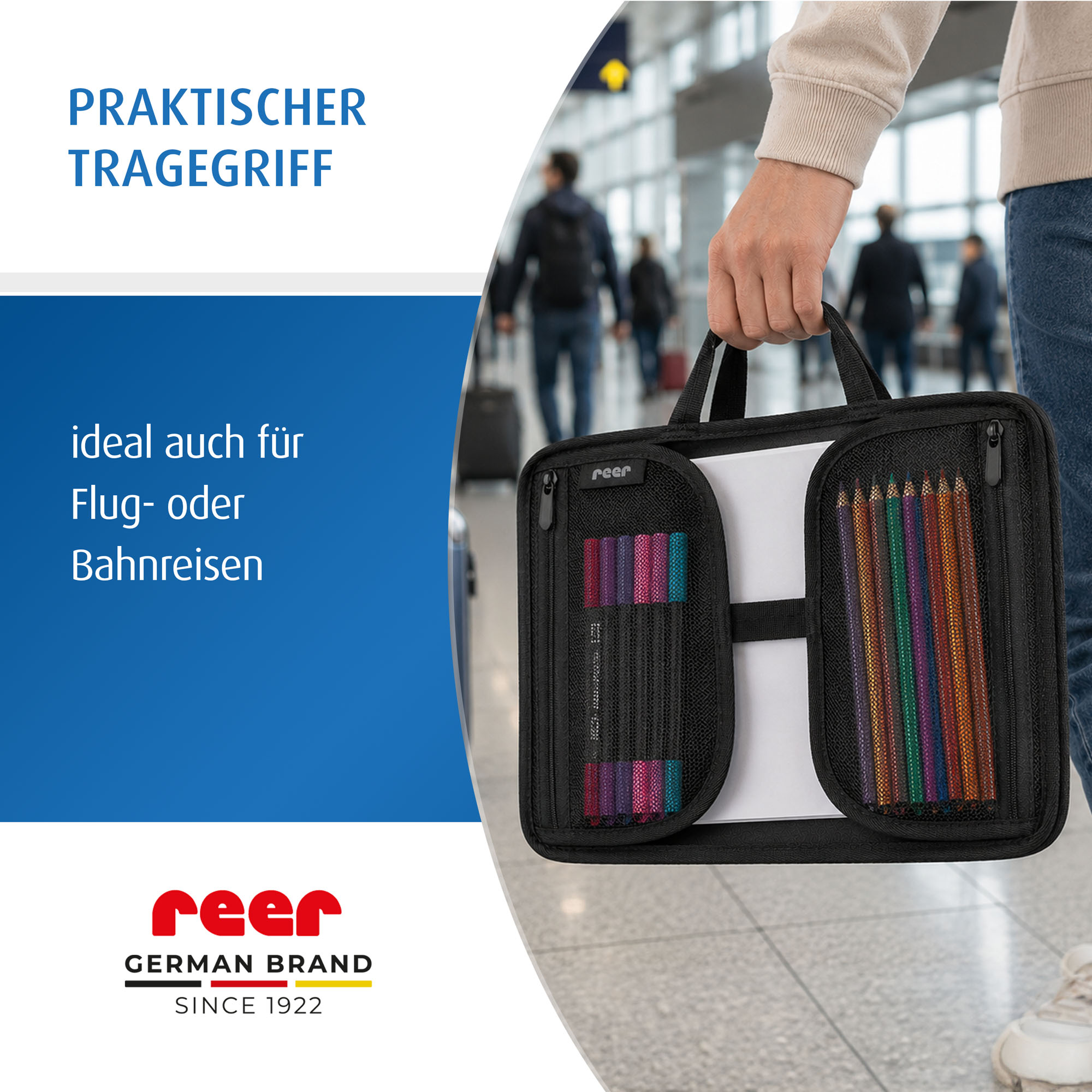 Eine Person transportiert die Unterlage mit dem praktischen Tragegriff, am Flughafen.