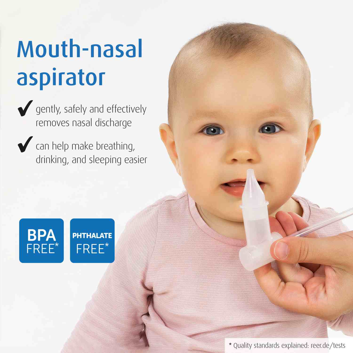 reer nasal aspirator for baby, steam sterilisable, with storage box and 4 filters (International Version)