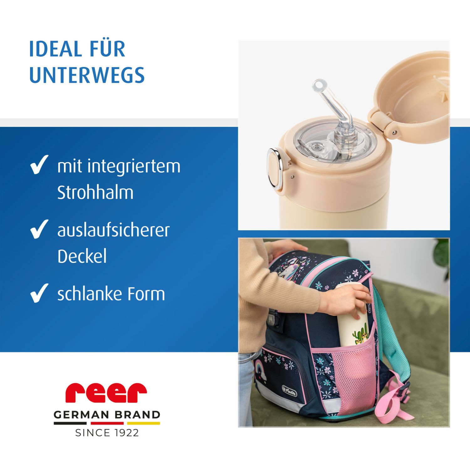 Kind packt die Trinkflasche in einen Rucksack