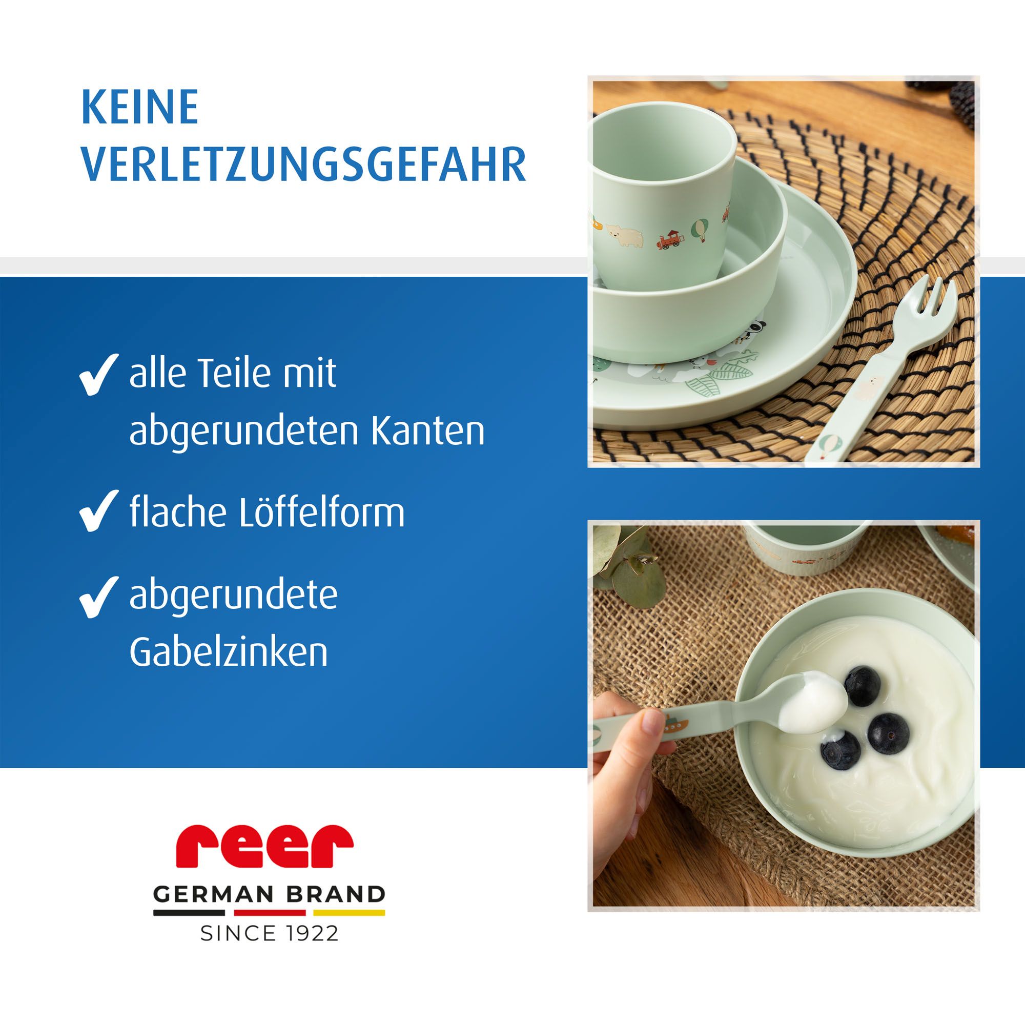 Geschirr auf Esstisch mit Quark und Beeren