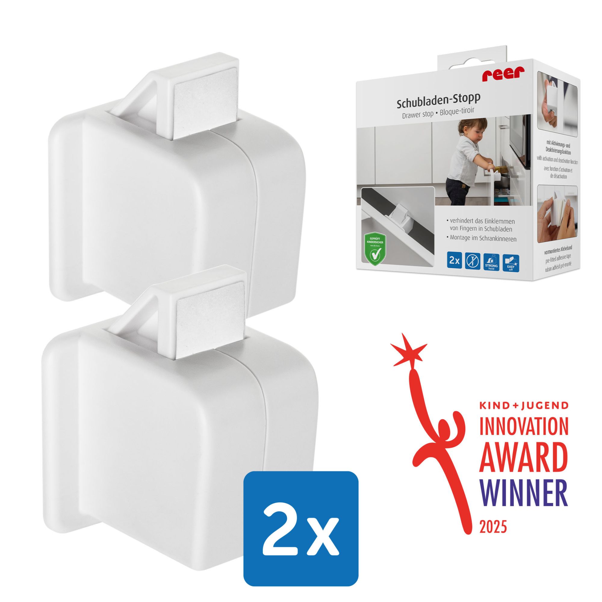 Schubladen-Stopp mit Verpackung und Innivation Award Logo.