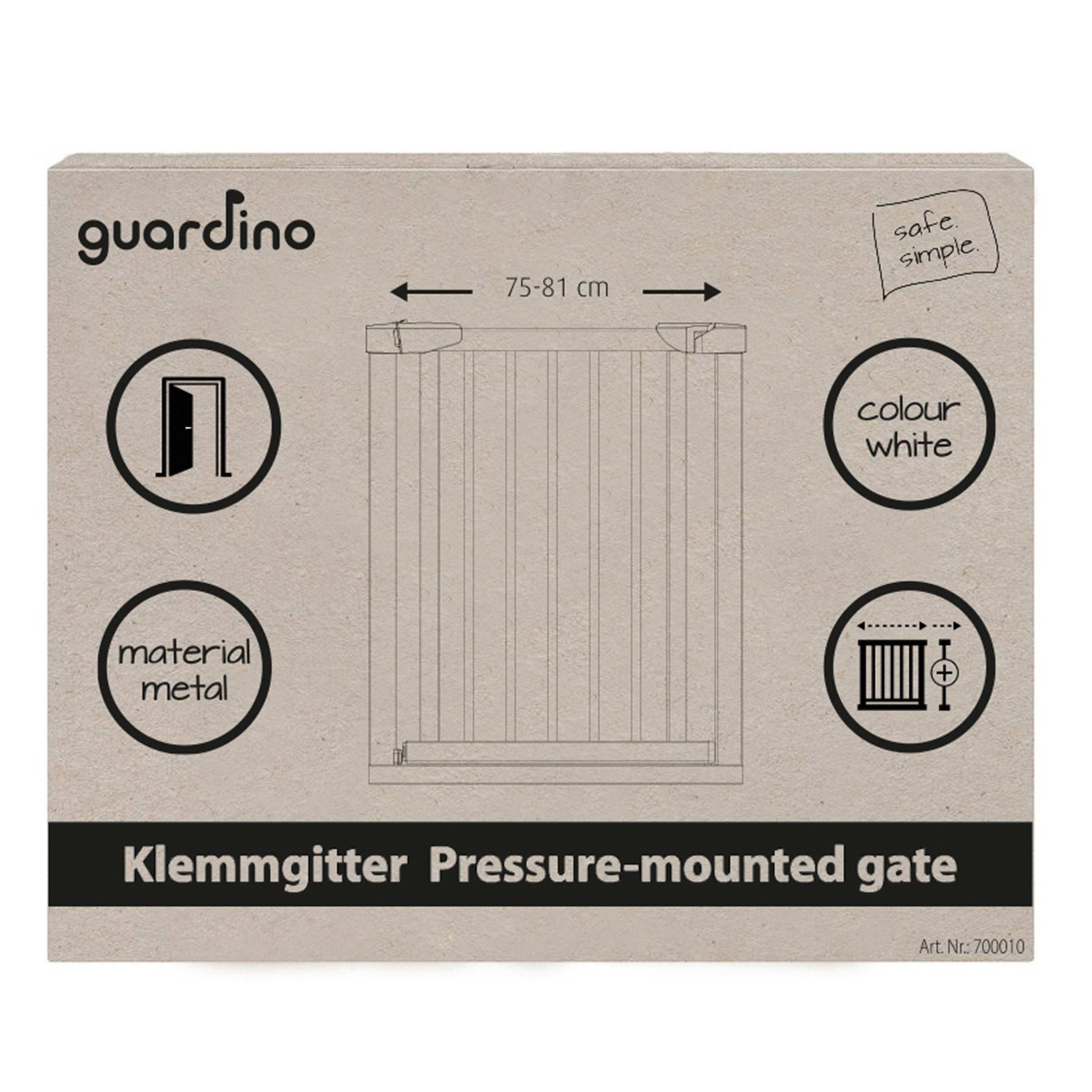 Guardino Türschutzgitter mit 1x 7cm und 1x 14cm Verlängerung, 96-102 cm, Treppenschutzgitter ohne Bohren