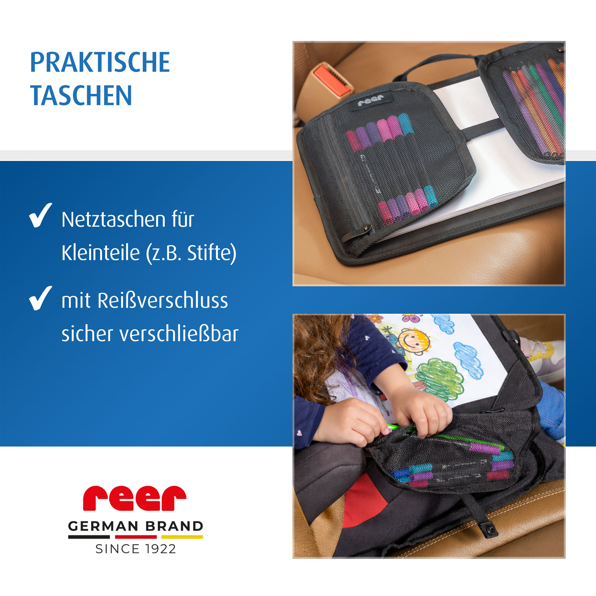 Die Taschen der Unterlage in Nahaufnahme. Kind verstaut Stifte.